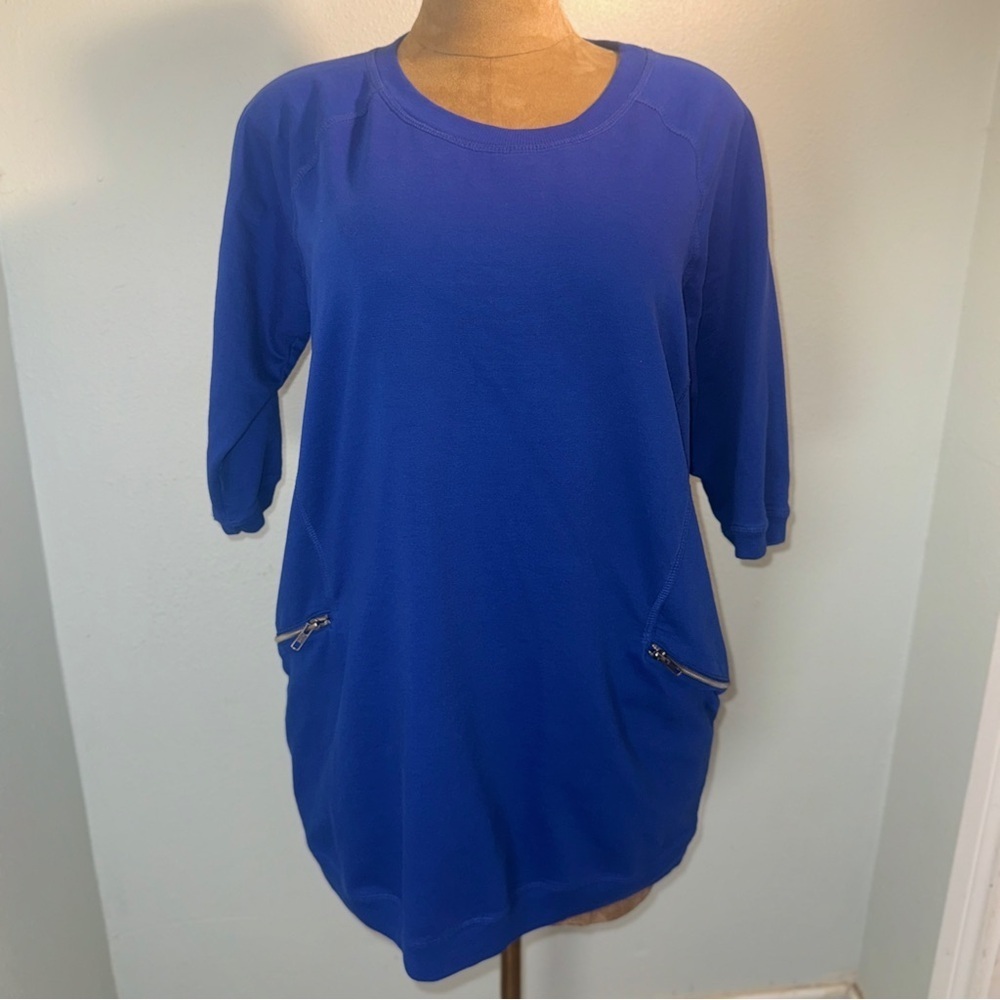 ellos Plus Size French Terry Zip Pocket Tunic Top 14/16 Blue, 3/4 Sleeves​​​ - Picture 3 of 14
